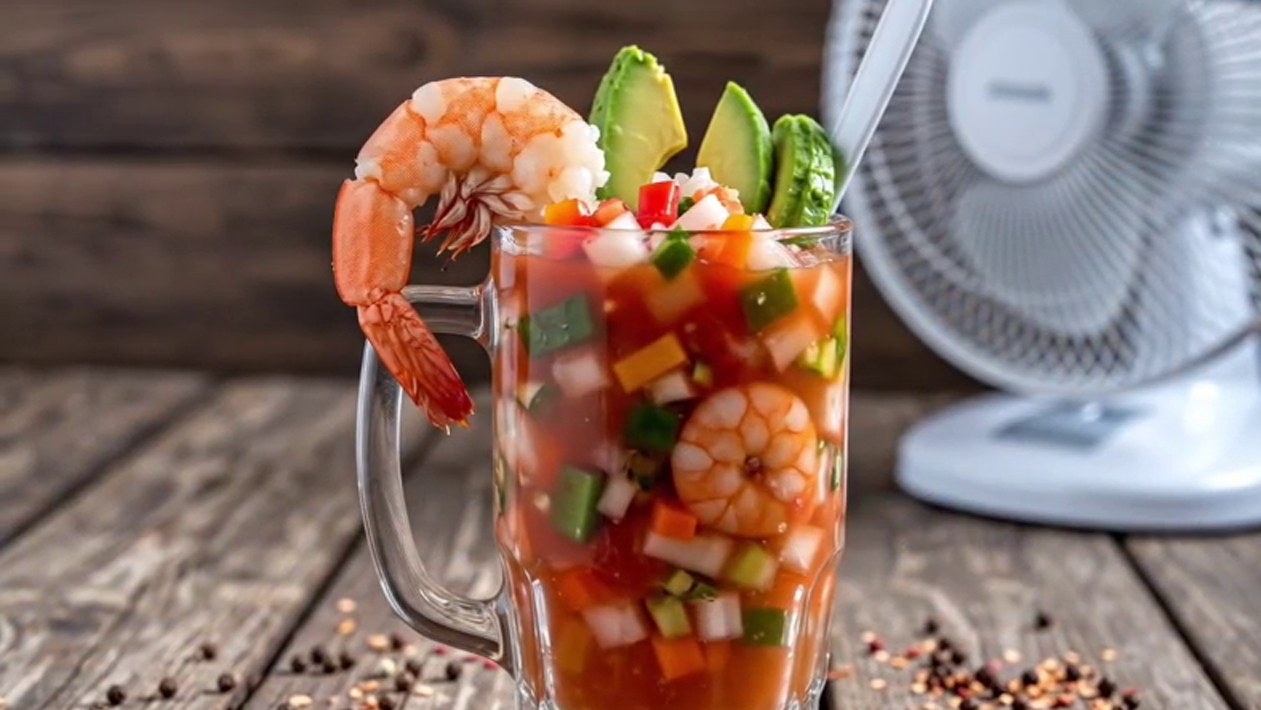 Coctel de camarón en tarro de vidrio con aguacate y camarón en el borde