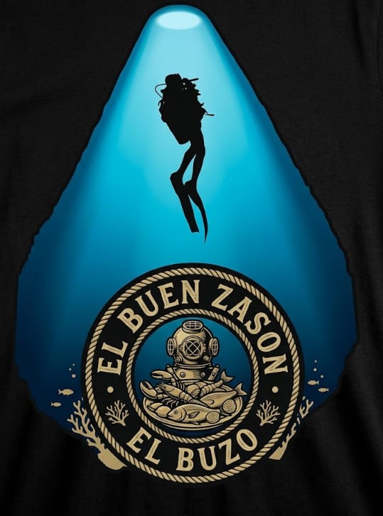 Insignia de El Buen Sazón del Buzo: un buzo descendiendo en un haz de luz sobre un casco de buzo con mariscos