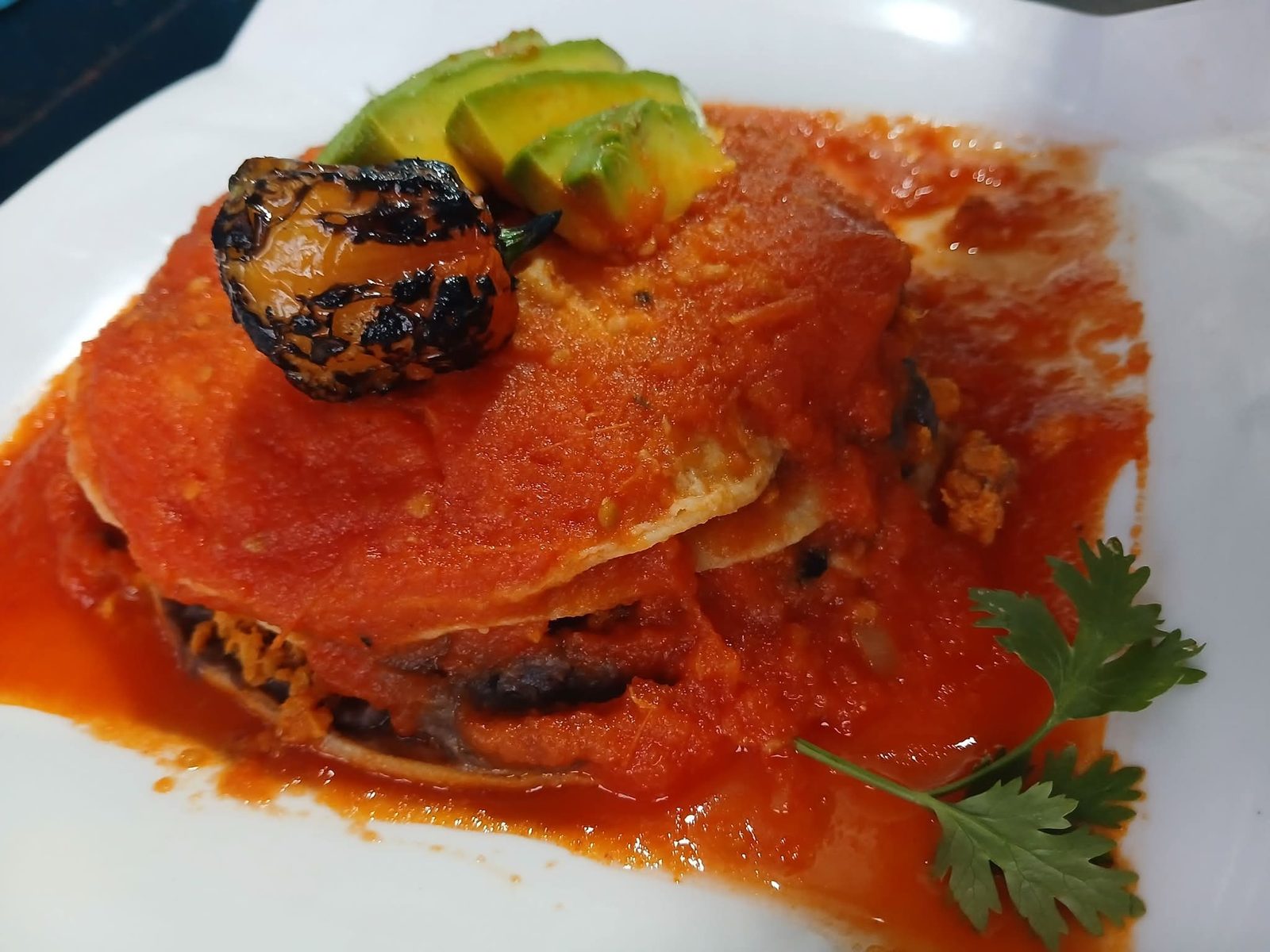 Pan de cazón con salsa de jitomate, aguacate y chile asado
