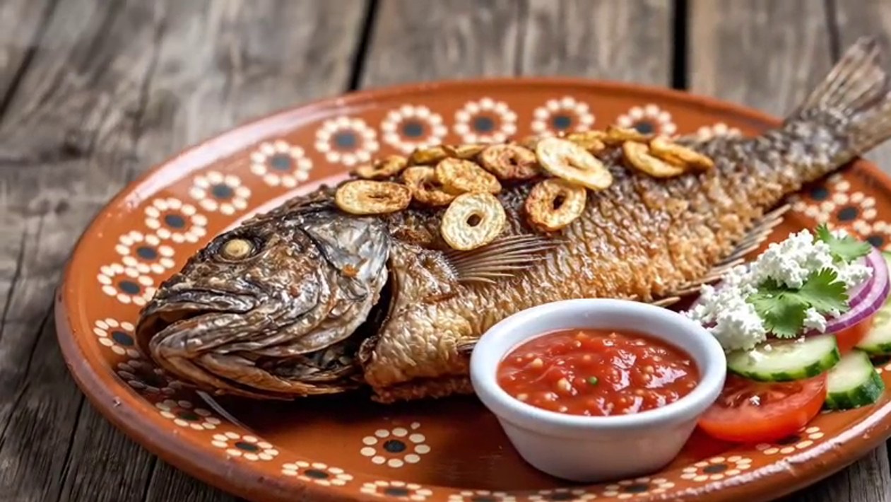 Mojarra frita entera servida en plato de barro con tostones, ensalada y salsa roja